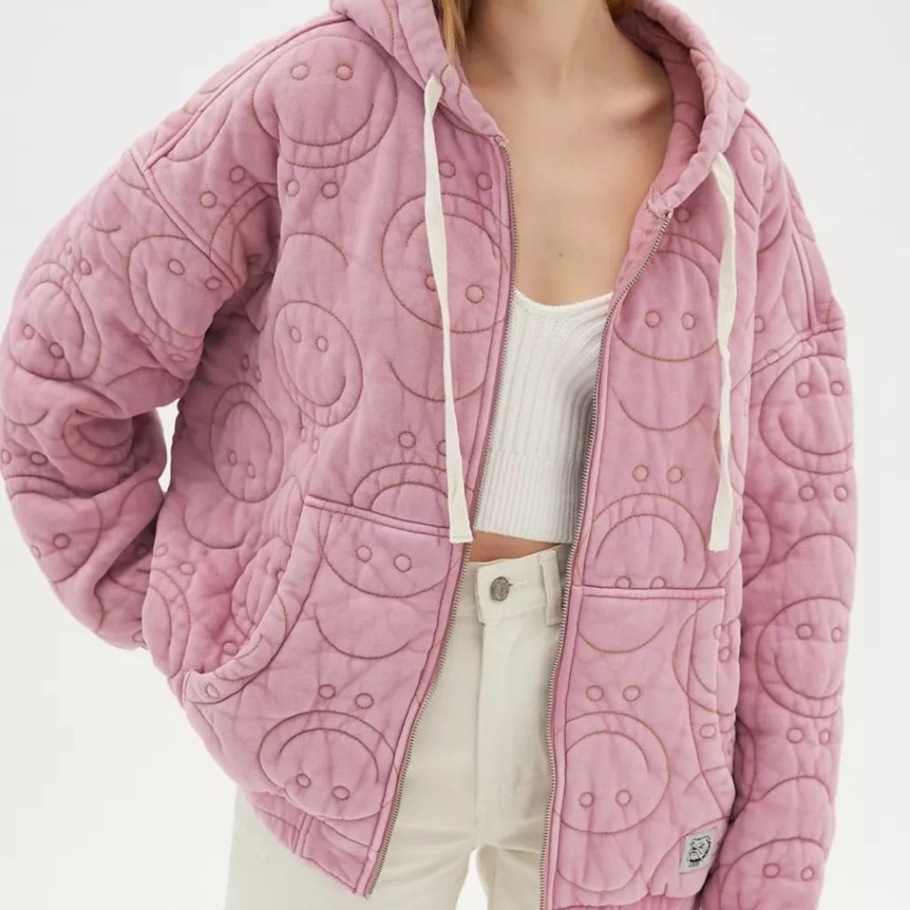 BDG Pink Smile Zip Up Hoodie Urban Outfitters